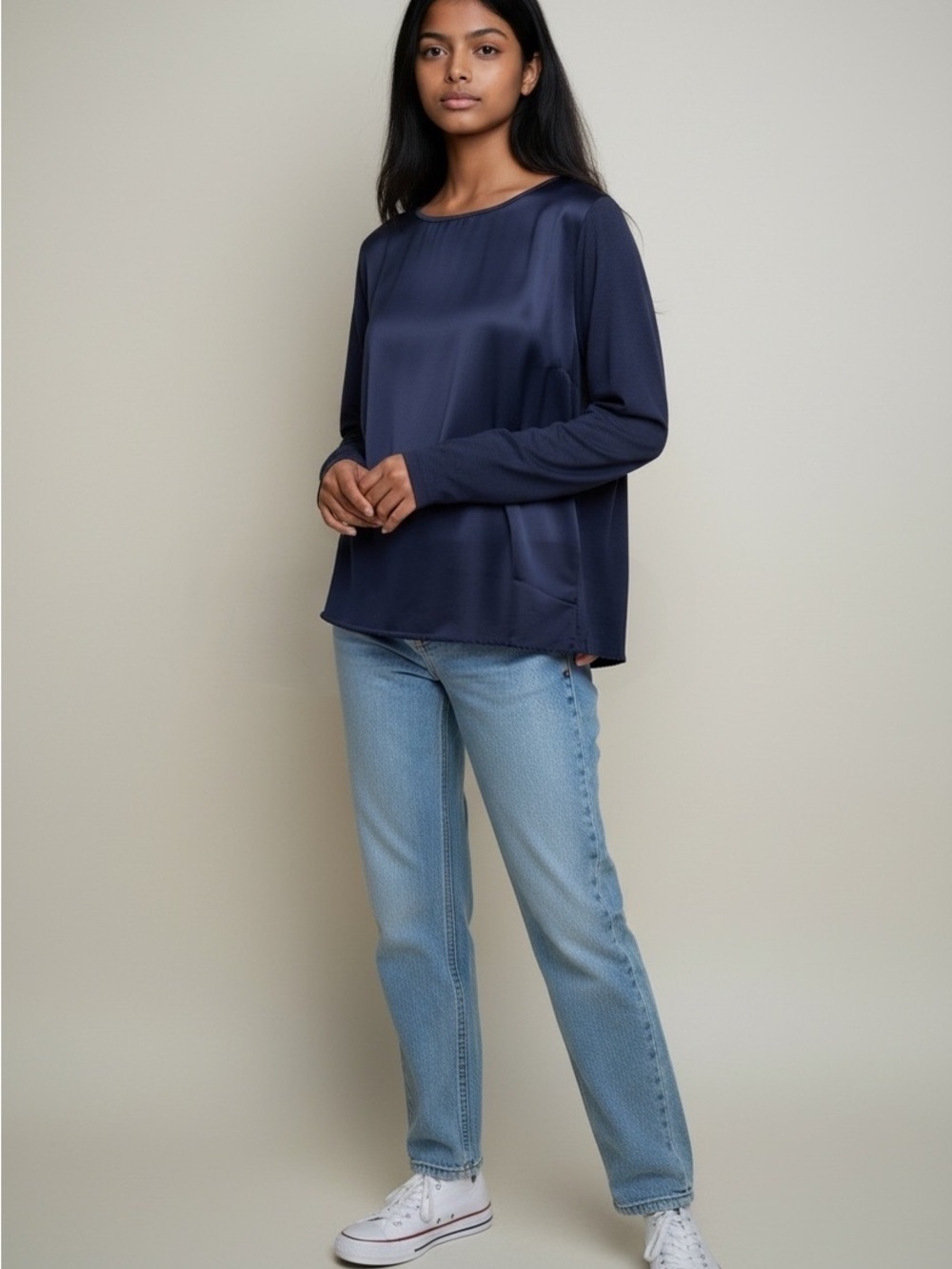 J Jill Mixed Media Rayon Sheath Tee Navy oversized XS-Medium